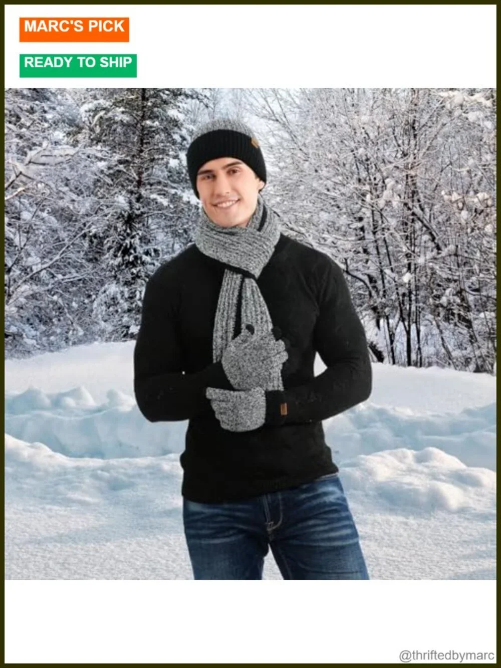 Winter Hat Scarf Gloves Set 3-Piece Acrylic Knit Beanie Fleece Lined
